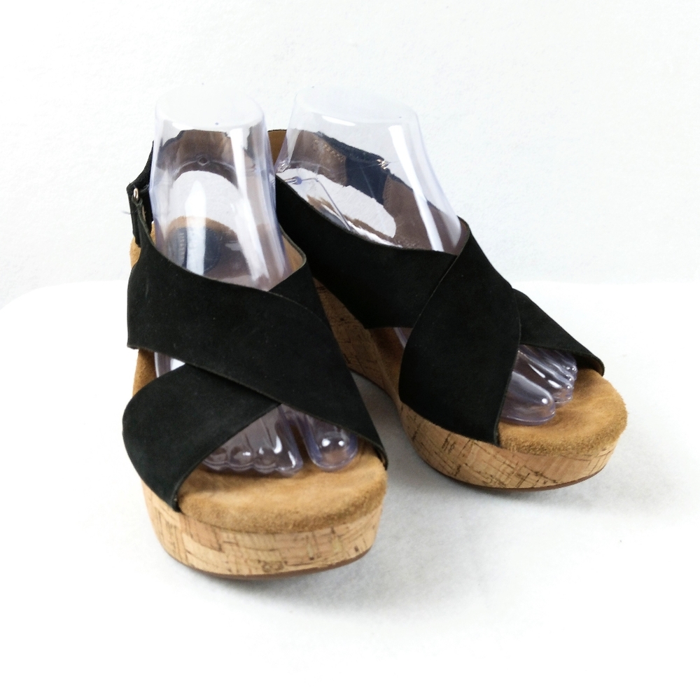 Clarks Artisan Sandals Women Size 9 Black Suede Leather Wedge Slingback Platform